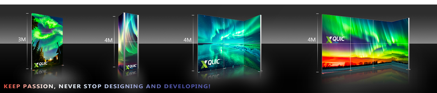 Stacked XQUIC CHRO 120mm folding lightboxes 3m or 4m high