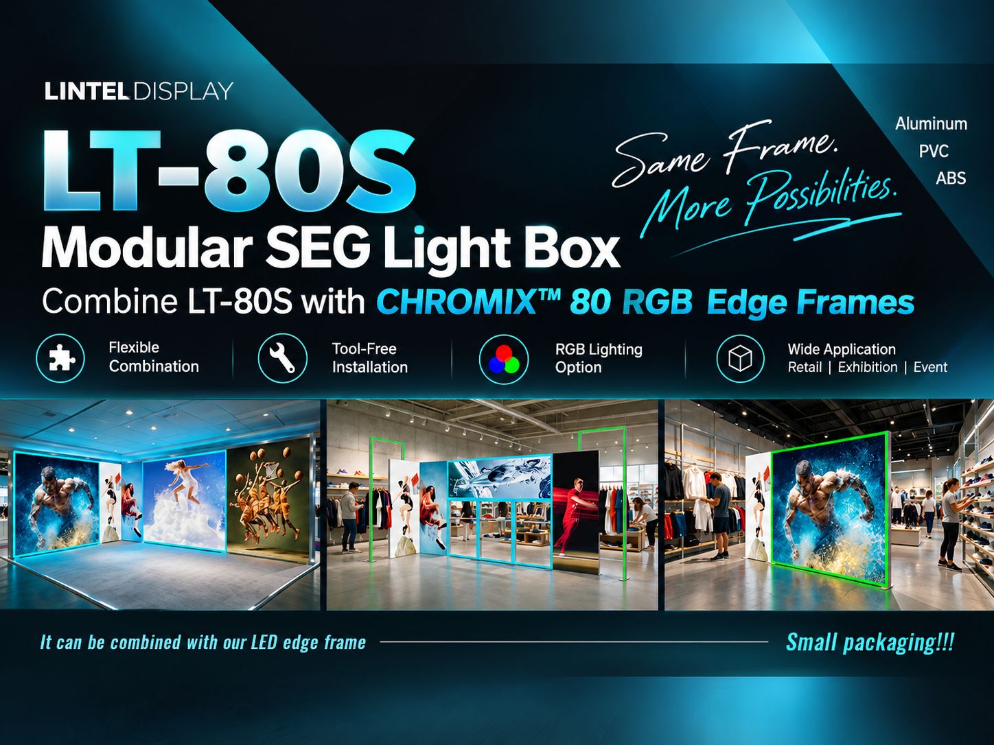 LT-80S modular SEG light box connected with CHROMIX 80 RGB LED Edge Frame for combined illumination and color effects