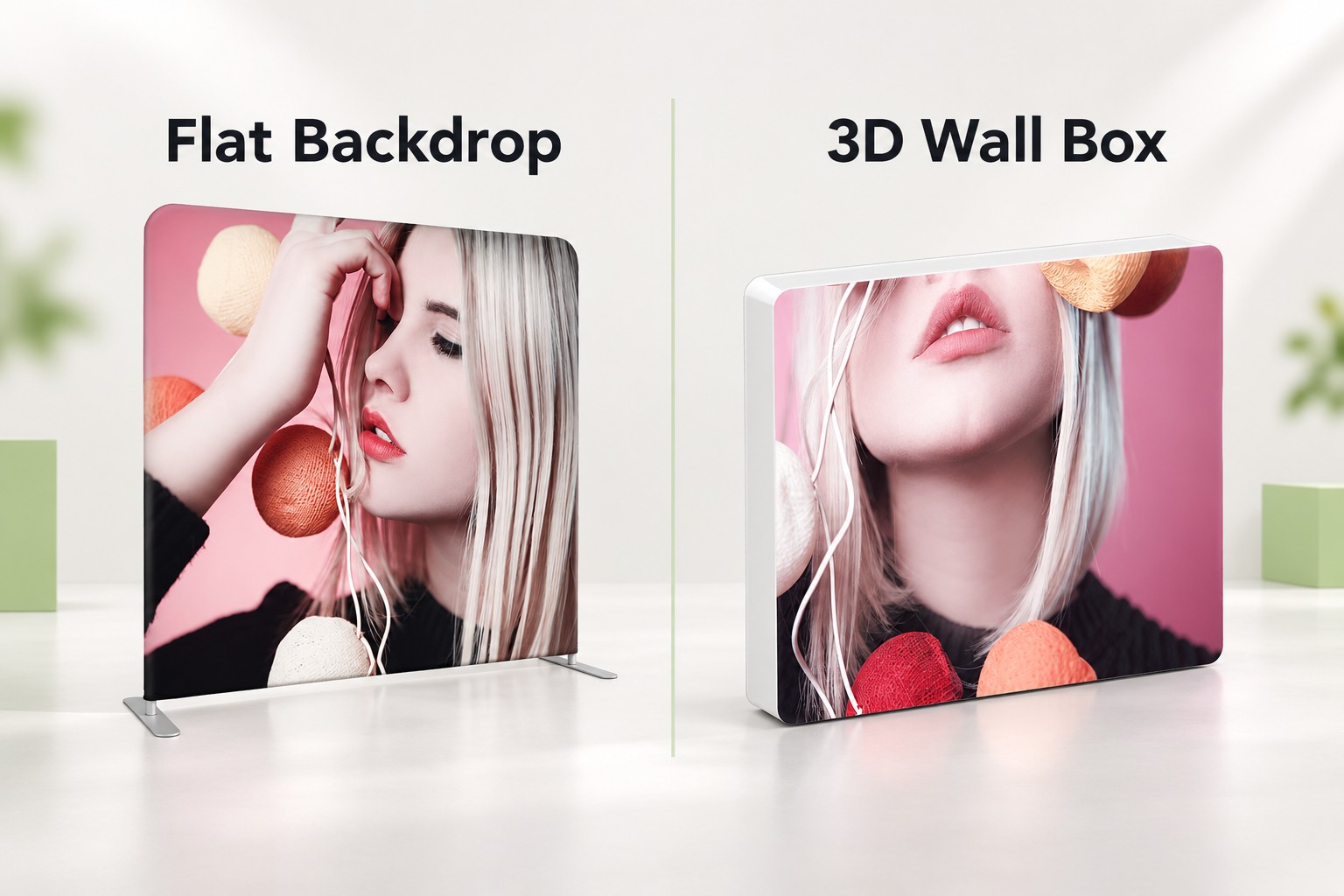 Flat backdrop vs 3D wall box comparison showing the LT-24E dimensional structure