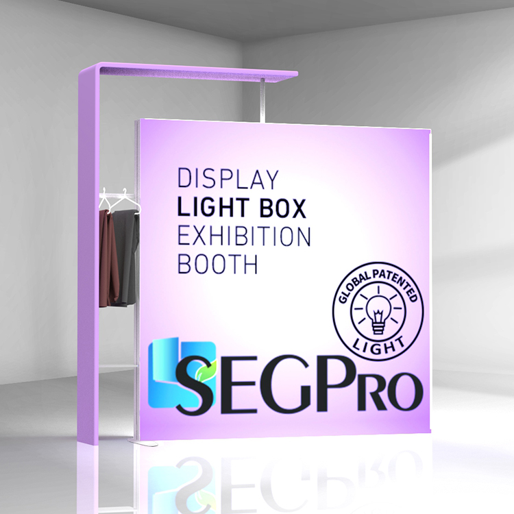 L-shaped tube frame extension for a modular SEG light box with hanging bar and display shelf