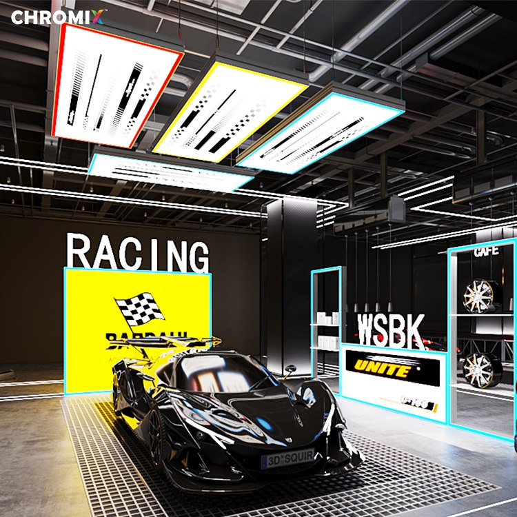 RGB Ceiling Frames Overhead frame structures for CHROMIX modular exhibition booth branding